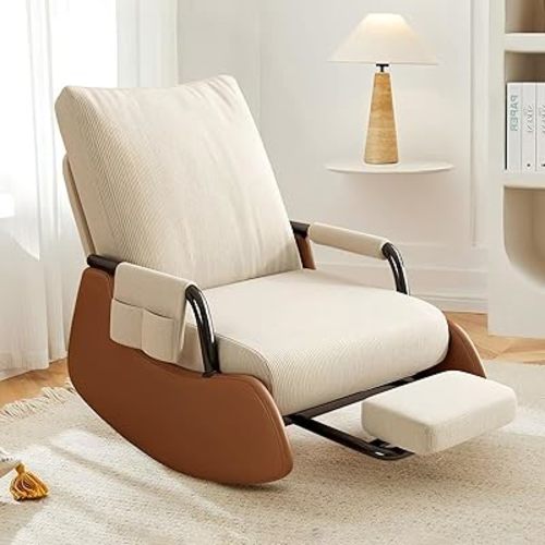 Nursery Rocking Chairs Upholstered Glider Rocking Chair with Side Pocket and Adjustable High Backrest,Soft Corduroy Rocker Accent Chair with Footrest for Living Room Bedroom