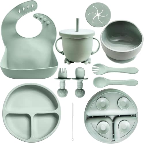 10 Piece Baby Feeding Set | 100% Food Grade Silicone | Non Slip | Suction Bowl and Plate | Self Feeding Utensils | Led Weaning Supplies | Microwave and Dishwasher Safe | 6+ Months