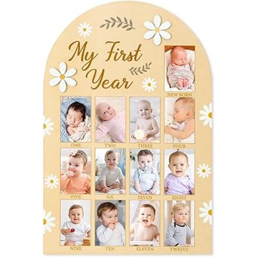 R HORSE My First Year Photo Display Wood Board, 3D Daisy Baby's First Year Picture Frame 12 Months Milestone Board Neutral Baby Keepsake Birthday Nursery Decor Gift for Boy Girl