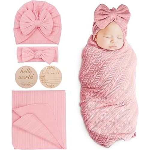 DRESHOW BQUBO Baby Swaddle Blankets for Girls, 4PCS Newborn Accessories Set with Hat and Bow Headband with Hello World Wooden Birth Announcement Card, Baby Blankets for Girls (Pink)