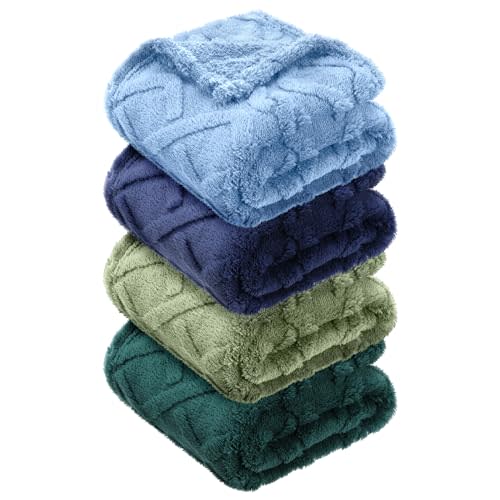 VitalCozy 4 Pcs Fleece 30" x 40" 3D Fluffy Baby Blanket for Boys Nursery Little Girl Infant or Newborn Receiving Swaddling Blankets(Blue,Green)