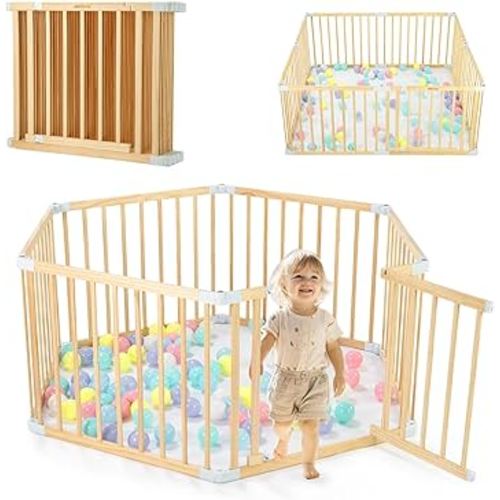 Wooden Baby Playpen with Door, Changeable & Expandable Baby Play Fence for Toddlers, Large Wood Playpen Safety Baby Gate Playard, Safe Play Area Kids Activity Center Indoor Outdoor(26" Tall, 6-Panel)