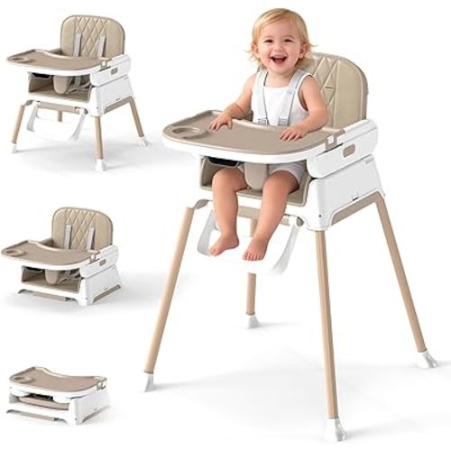 4 in 1 Baby High Chair for Babies and Toddlers, Foldable & Portable Convertible Booster Seat, Adjustable Tray & Footrest, Lightweight, Stable, Easy to Clean, Khaki