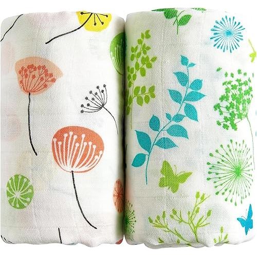 Margaux & May Organic Muslin Swaddle Blankets 2 Pack - 100% Organic, Large 47x47 Inches, Breathable Baby Blankets, Pink Dandelion and Green Meadow