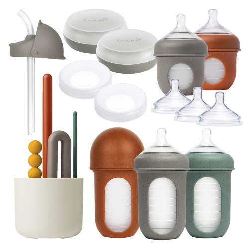 Baby Bottle Gift Set - Essential Feeding Accessories for New Mothers - Includes 4oz & 8oz Bottles, Storage Lids, Fast-Flow Nipples, Storage Caps, Straw Lid, and Modern Bottle Brush Set