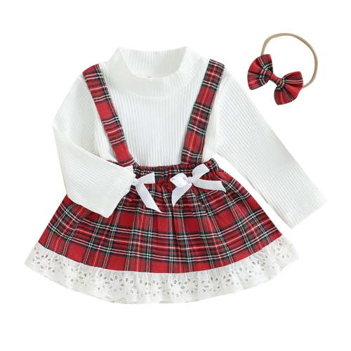 Odeerbi 0-2 Years Baby Girls Christmas Outfits Cotton Long Sleeve Mock Neck Tops with Plaid Suspender Skirt Headband Three-piece Set Baby Girls Clothes