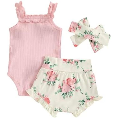 CIYCUIT Newborn Baby Girl Summer Clothes Ruffle Sleeveless Ribbed Top Bloomers Shorts Set