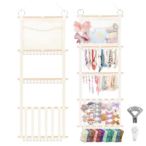 Munzong bow holder for girls hair bows 52x17 inch, Beige Hair Bow Clip Organizer for Baby Girls,Hair Accessories Storage Hanger for Toddler Kids Nursery Room Decor