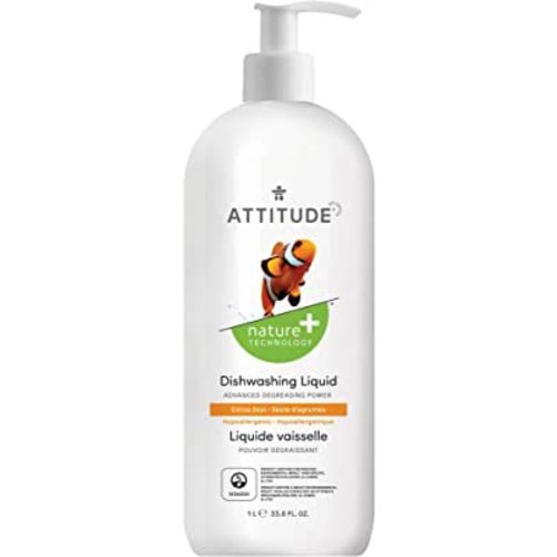 ATTITUDE Dishwashing Liquid, EWG Verified, Vegan Dish Soap, Plant Based, Naturally Derived Products, Citrus Zest, 33.8 Fl Oz