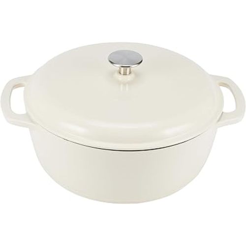 Amazon Basics Enameled Cast Iron Round Dutch Oven with Lid and Dual Handles, Heavy-Duty, 6-Quart, White