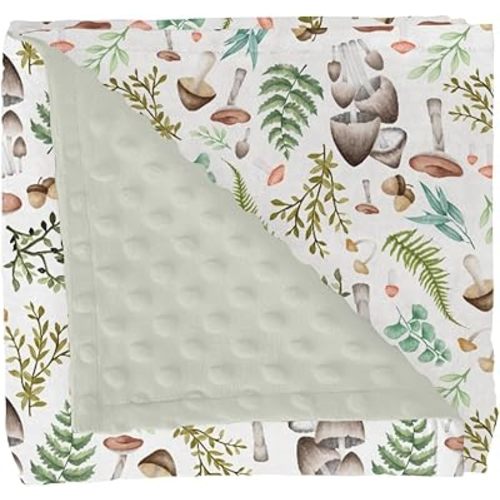 Woodland Mushroom Forest Baby Blanket for Girl Boy with Dotted Backing Double Layer Watercolor Mushroom Green Leaves Soft Swaddle Receiving Blanket Newborn Toddler Nursery Bed Throws 30x40