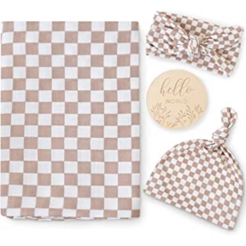 LifeTree Newborn Swaddle Set with Matching Hat and Headband Bow, Wooden Birth Announcement Card, Muslin Baby Swaddle Blankets for Boys & Girls, Coffee Checkerboard Pattern