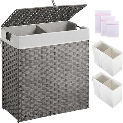 Greenstell Laundry Hamper with lid, No Install Needed, 110L Wicker Laundry Baskets Foldable 2 Removable Liner Bags, 2 Section Clothes Hamper Handwoven Rattan Laundry Basket with Handles, Gray