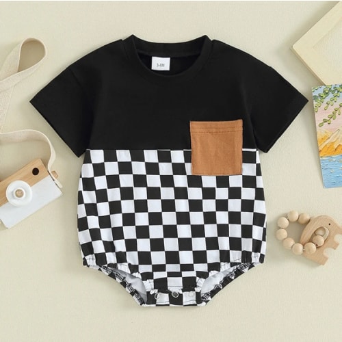 6 - 12 months OLIVER Checkered Short-Sleeve Onesie - Hazel & Bo