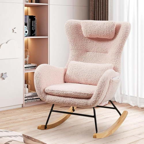 Nursery Rocking Chair, Upholstered Glider Rocker Nursery Rocking Accent Vanity Chair, Recliner Armchair with Side Pocket, Comfy Side Living Room Chairs, Rocker Glider for Bedroom Nursing Room (Pink)