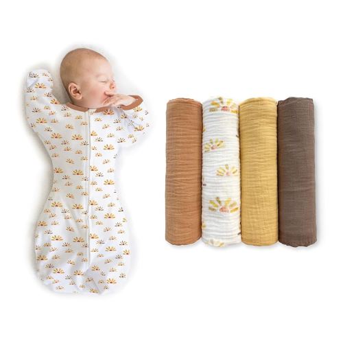 SwaddleDesigns Baby Swaddle Set, Watercolor Sunny Days, 3-6 Mo Transitional Swaddle Sack with Arms Up Half-Length Sleeves & Mitten Cuffs and Cotton Muslin Swaddle Blankets 4pk, Sunny Days