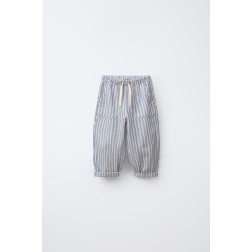 STRIPED LINEN AND COTTON PANTS - Blue | ZARA United States