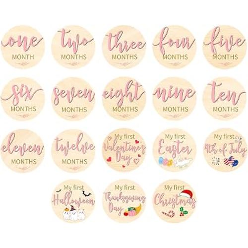 Capoda 18 Pcs Baby Monthly Milestone Signs, 1-12 Month Holiday,Pink | Baby Milestone Gifts Photo Props for Boy Girl Monthly Baby Milestone Discs Baby Shower Gift Newborn Photography Keepsake