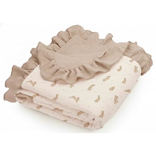 meowcards Muslin Swaddle Ruffled Blankets for Baby, Unisex Baby Boys Girls Essentials, Large 52 x 52 inches, Boho Receiving Blankets Newborn Registry Must Haves (Hoppy Dreams-Ruffled, Printed)