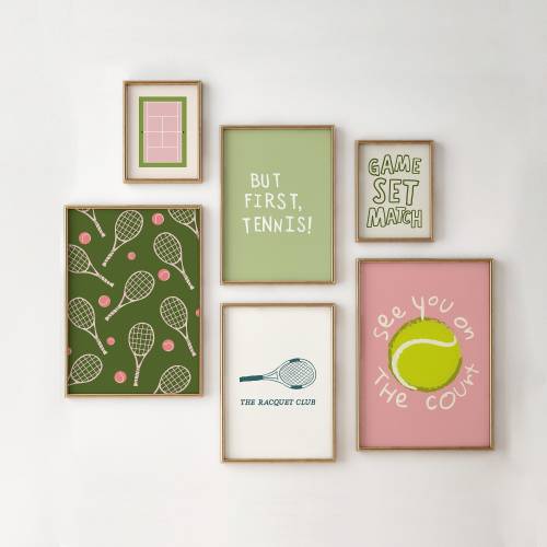 Trendy Tennis Prints Country Club Aesthetic Decor Tennis Racket Print Cute Sports Posters Preppy Wall Art Digital Download Set of 6