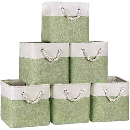 Temary 11 Inch Cube Storage Bins - 6 Pack Foldable Fabric Storage Baskets with Soft Rope Handles, Sturdy Organizer Cubes with Metal Frame for Shelves, Closet, Office & Home Organization (White&Green)