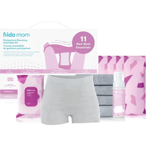 Frida Mom 11pc Postpartum Essentials Kit Gift Set, Hospital Bag Must Haves for New Mom, Includes 4 Disposable Postpartum Underwear, 4 Ice Maxi Pads, Perineal Healing Foam & 24 Pad Liners