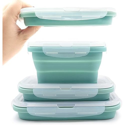 Collapsible Silicone Lunch Bento Box, Portable Food Storage Container Outdoor Picnic Box Space Saving, Microwave, Dishwasher and Freezer Safe, 3 Pcs Set (Blue)
