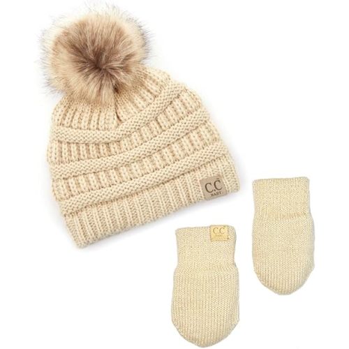 Funky Junque Cozy Infant Pom Pom Beanie & Fleece Lined Mitten Winter Set