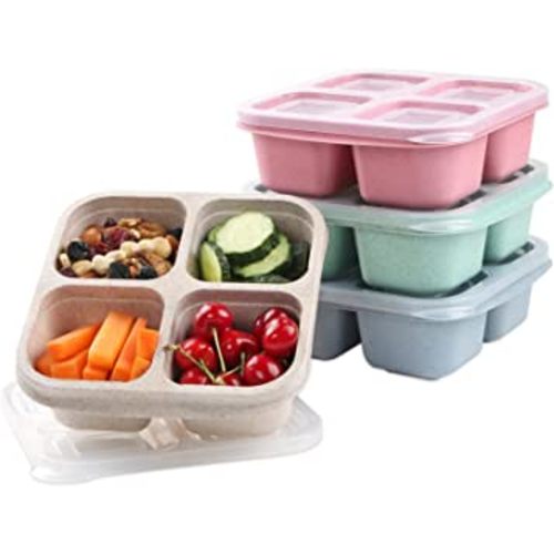 PUiKUS 4 Pack Snack Containers, 4 Compartments Bento Snack Box, Reusable Meal Prep Lunch Containers for Kids Adults, Divided Food Storage Containers for School Work Travel