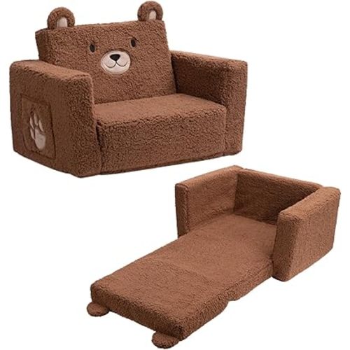 ALIMORDEN 2-in-1 Flip Out Cuddly Sherpa Toddler Couch, Convertible Sofa to Lounger, Bear