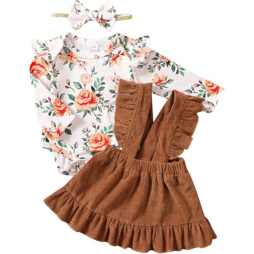 Kucnuzki Newborn Baby Girl Clothes Toddler Long Sleeve Ruffle Romper Top Infant Skirt Set Little Girl Overall Dress