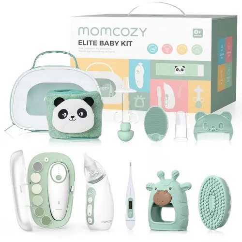 Momcozy Elite Baby Kit, Superior Baby Shower & Registry Essential Kit for Grooming & Health & Cleansing Care, Electric Nail File & Nasal Aspirator,Tummy Wrap,Thermometer,Bath Brush,Teether,Storage Bag
