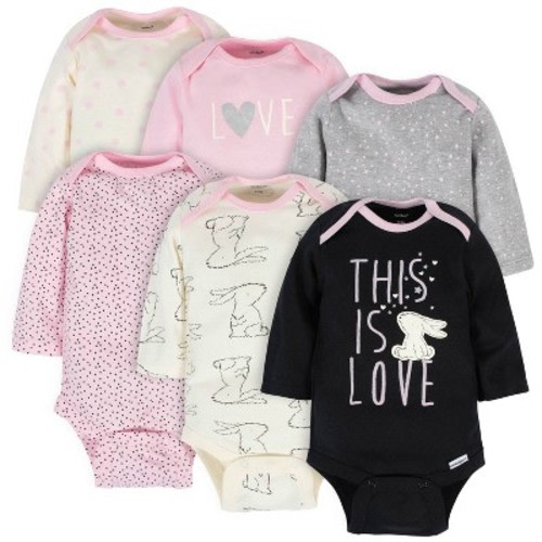 Gerber Baby Girls' Long Sleeve Onesies Bodysuits - Bunny - Newborn - 6-Pack