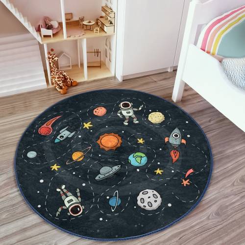 Space Themed Cute Kid&#39;s Rug|Adventurous Astronaut Childen&#39;s Mat|Navy Blue Baby Room Carpet|Kids Room Decor|Kinderkarten|Play Mat With Rocket