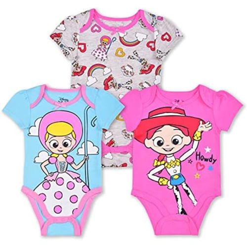 Disney Toy Story Bo Peep and Jessie Girls 3 Pack Short Sleeve Bodysuits for Infant – Grey/Blue/Pink