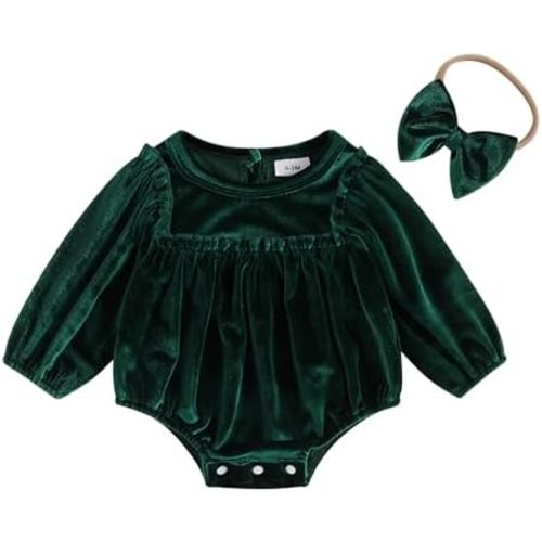 Newborn Baby Girl Christmas Velvet Romper Long Sleeve Bubble One Piece Bodysuit Jumpsuit Fall Winter Clothes