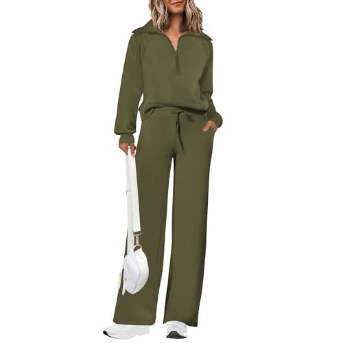PRETTYGARDEN Women's 2 Piece Outfits Casual Lapel Half Zip Sweatshirts And Wide Leg Pants Tracksuit Sets
