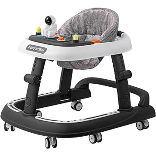 Baby Walker, 3-in-1 Foldable Baby Walker for Baby Boys and Baby Girls, 8-Gear Height Adjustable Baby Walkers with Wheels and Baby Activity Center with Astronaut Toys for Baby 6-24 Months