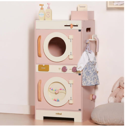 ROBUD Wooden Laundry Playset, Play Kitchen Set, Toy Washing Machine, Kids Washer and Dryer Set, Pretend Toddlers Kitchen Toy with Iron, Hangers , Soap, Gift for Boys & Girls, Age 3+ (Pink)