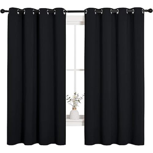 NICETOWN Halloween Bathroom Blackout Curtains and Drapes, Black Solid Thermal Insulated Grommet Blackout Drapery Panels for Window (2 Panels, 55 inches Wide by 68 inches Long, Black)