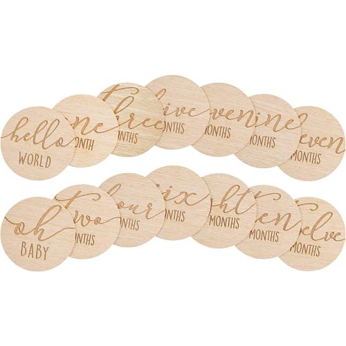Pearhead Wooden Monthly Milestone Photo Cards - 7 Double-Sided Engraved Discs for Baby Announcement and Milestones, Gender-Neutral Photo Props for Newborn Boy and Girl, Light Wood