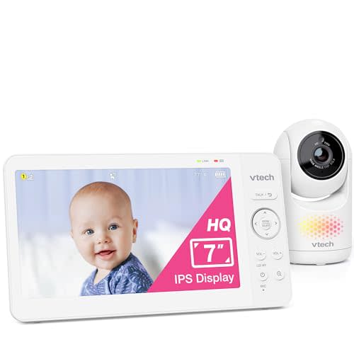 VTech Advanced HQ Max 7" Digital Video Baby Monitor with Pan Tilt Zoom, Long Battery Life 5000mAh, IPS Screen, Touch Control Multi-Color Night Light, 2-Way Talk, HQ Display, Lullabies, No WiFi, White