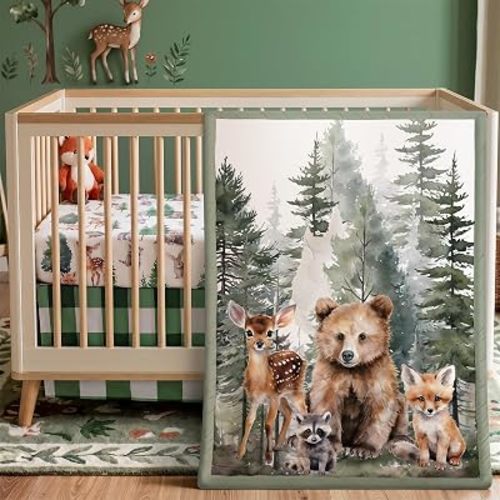 Hahafelt 3 Pcs Woodland Animal Baby Crib Bedding Set for Boy