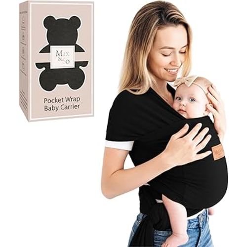 Baby Wrap Carrier - Premium Cotton Baby Carrier Wrap for Newborn to Toddler- Infant Carrier- Baby Holder One Size Fits All with Front Pocket (Black) by Max&so