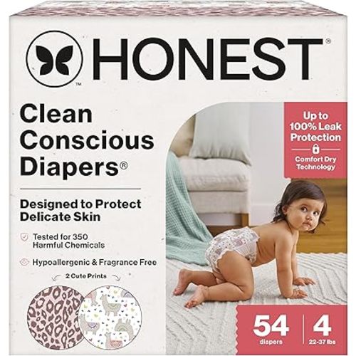 The Honest Company Clean Conscious Diapers for Delicate Skin | Up to 100% Leakproof | Hypoallergenic, Fragrance Free | Girl Prints | Club Box, Size 4 (22-37 lbs), 54 Count (Prints May Vary)
