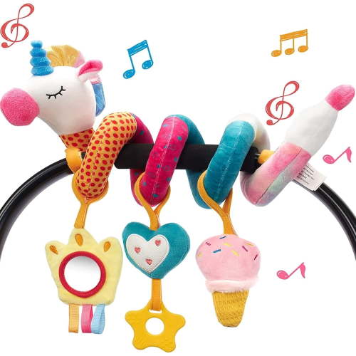 Car Seat Toys for Babies, 0-6 Months Stroller Activity Black White Baby Spiral Plush Toys Newborn High Contrast Sensory Carseat Toys with 4 Pendants Hanging Boys Girls Gift