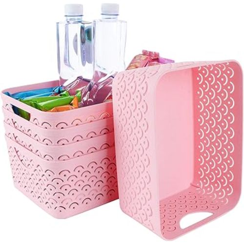 5 Pack Plastic Storage Baskets, Portable Pink Fish Scale Pattern Hollow Desktop Storage Bin Box with Handle for Kitchen, Bathroom, Kids Room or Nursery Storage – 9.4 x 7.1 x 4.1 inches