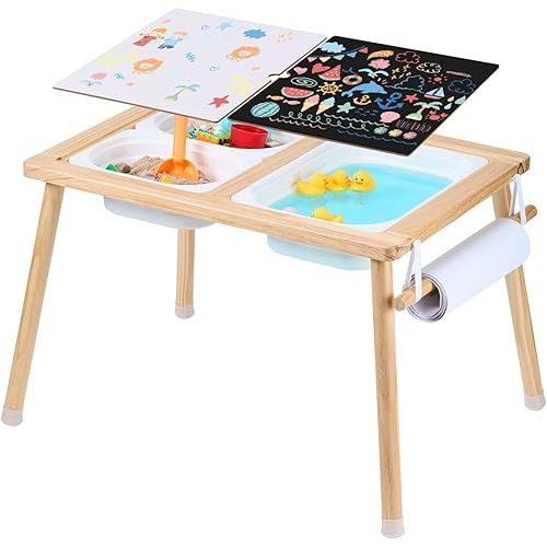 VEVOR Sensory Table, Kids Sensory Table for Toddlers, Kids Activity Desk with 3 Foldable Storage Bins & Paper Roll Holder, Wooden Toddler Activity Drawing Desk, Indoor/Outdoor Play Sand and Water