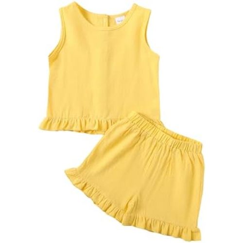 Toddler Girls Summer Outfits Ruffle Sleeveless Tank Top and Short 2 Piece Cotton Linen Back Buttons Clothes Set