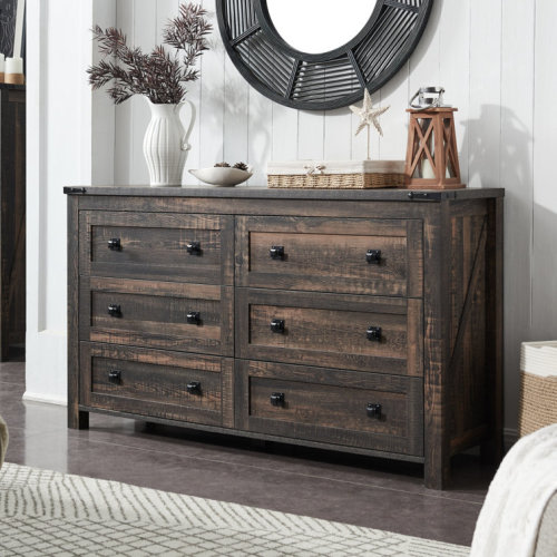 Grantville Farmhouse 6 - Drawers Double Dresser Organizer, Wood Rustic Wide Chest of Drawers